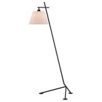 Currey & Company - Kiowa Floor Lamp - As simple in its lines as cave drawings made by America's nomadic plains tribes, our Kiowa Floor Lamp will make a big impression with its na've profile. Imagine it in a lake house, a woodland cabin, a ski chalet or a bayside retreat and you get the picture. But the floor lamp, made of metal in a satin black finish, could also swing industrial chic without any sketchiness. We topped this tripodal profile with an off-white shantung shade.