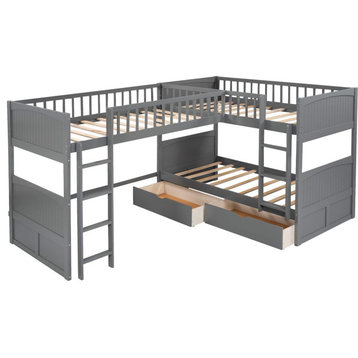 Triple Twin Bunk Bed, Pinewood Frame With 2 Drawers and 2 ladders, Grey