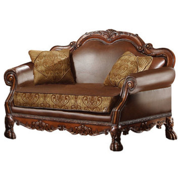 Benzara BM177837 Leather Upholstered Love Seat With 2 Pillow, Cherry Brown