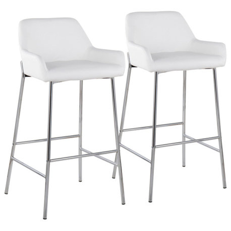 Daniella Fixed-Height Bar Stool, Set of 2, Chrome Metal, White PU