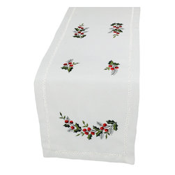 Xia Home Fashions - Holly Berry Embroidered Hemstitch Christmas Table Runner, 15"x54" - Table Runners