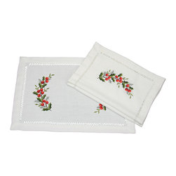 Xia Home Fashions - Holly Berry Embroidered Hemstitch Christmas Placemats, 14"x20", Set of 4 - Placemats
