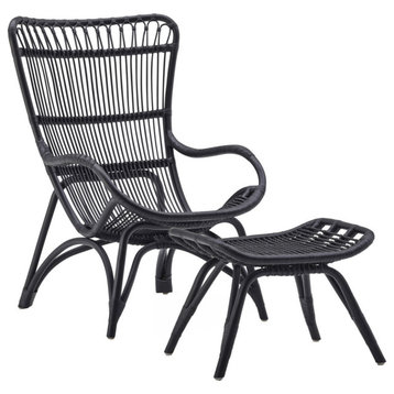 Monet Highback Rattan Lounge Chair and Footstool, Black