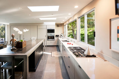 Trendy l-shaped open concept kitchen photo in Santa Barbara with a double-bowl sink, flat-panel cabinets, gray cabinets, stainless steel appliances and an island