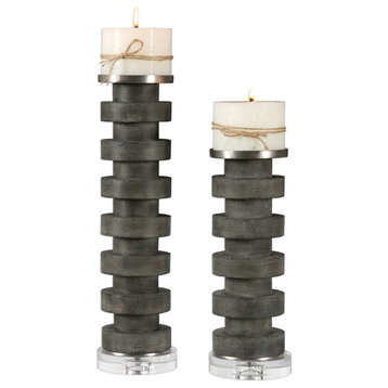 Uttermost 18818 Karun Two Piece Concrete Candlestick Set by - Stained Charcoal