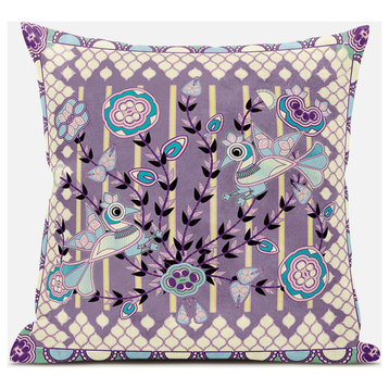 16" X 16" Blue and Purple Peacock Broadcloth Floral Zippered Pillow
