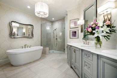 Large elegant master gray tile and porcelain tile porcelain tile bathroom photo in Minneapolis with a drop-in sink, gray cabinets, quartz countertops, a one-piece toilet, gray walls and recessed-panel cabinets