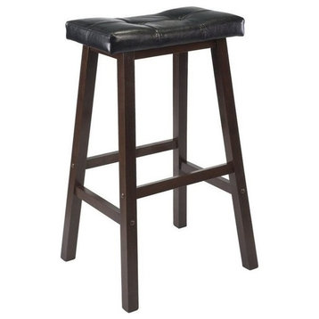 Pemberly Row 29.69" Solid Wood/Faux Leather Stool in Antique Walnut/Black