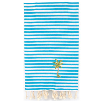 Fun in the Sun - Breezy Palm Tree Pestemal Beach Towel, Turquoise Water