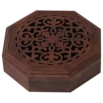 Small Brown Wood Octagonal Carving Storage Accent Box Hws2629