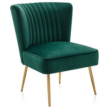 Modern Velvet Accent Chair With Metallic Legs And Channel Tufting, Green