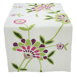 Xia Home Fashions - Crewel Embroidered Flora Linens Collection Table Runner, Violet, 16x36 - Table Runners