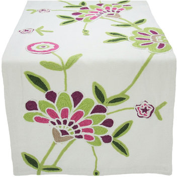Crewel Embroidered Flora Linens Collection Table Runner, Violet, 16x36