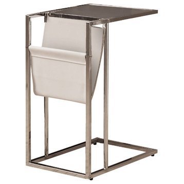 Accent Table, C-Shaped, Magazine Storage, Metal, Pu Leather Look, Chrome, Clear