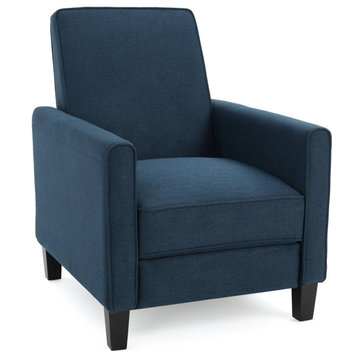 Contemporary Recliner, Low Profile Design With Padded Seat and Piped Edges, Blue