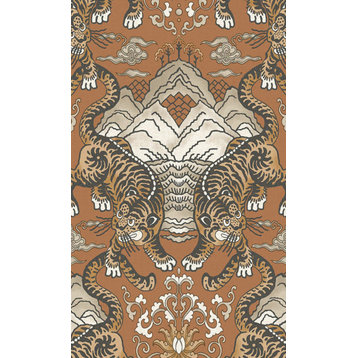 Tiger Chinese Inspired Textured Wallpaper, Burnt Orange, Sample