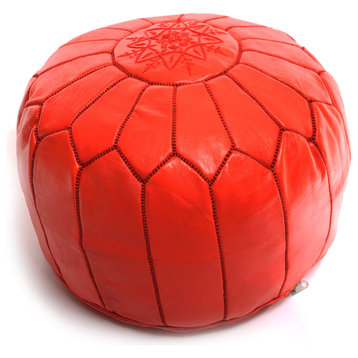 Moroccan Leather Pouf, Red