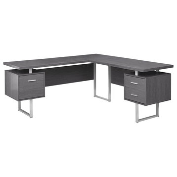 Contemporary Desk, Corner Design With Silver Frame and Floating Top, Gray