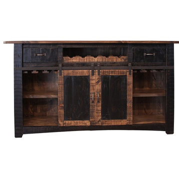 Greenview 76" Black Bar With Wine Rack 2 Drawers Barn Doors and Shelves