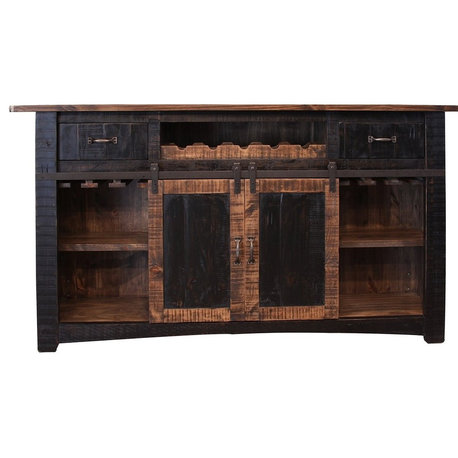 Greenview 76" Black Bar With Wine Rack 2 Drawers Barn Doors and Shelves
