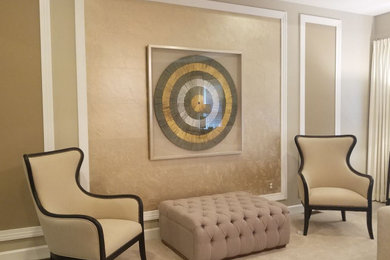 Large transitional master carpeted, white floor, tray ceiling and wallpaper bedroom photo in Baltimore with beige walls