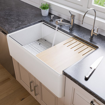 ABFS3320S-W White Workstation 33" x 20" Single Bowl Step Rim Fireclay Sink