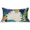 Lumbar Cotton Pillow Cover With Flower Print and Off White PomPom Trim