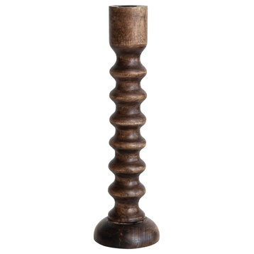 Hand Carved Wood Taper Candle Holder, Brown, Small
