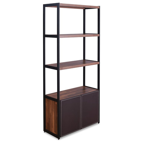 Walnut Bookcase with Open Shelves and Faux Leather Cabinet Doors