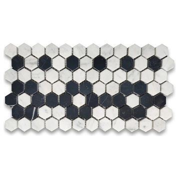 Carrara Venato Marble Hexagon Border Mosaic Flower Accent Tile Honed, 1 sheet