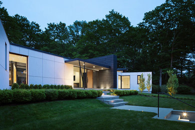 Modern one-storey multi-coloured house exterior in New York with concrete fiberboard siding and a flat roof.