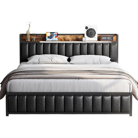 Metal Frame Bed with PU Headboard, Charging Ports & Hidden Shelves, Black/Full