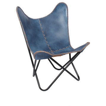 Navy Blue Leather Butterfly Chair With Black Frame