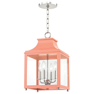 Leigh 4-Light Small Pendant, Polished Nickel & Pink Finish, Clear Glass Panel