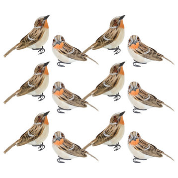 Bird, 12-Piece Set, 3"H, 3.5"H Foam/Feather, Brown, White, Orange