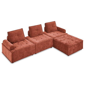 Modern L-Shaped Sofa, Tufted Chenille Seat & Unique Cushioned Open Back, Red