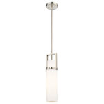 Innovations Lighting - Utopia 1 Light 15" Stem Hung Pendant, Satin Nickel, Matte White Glass - Modern and geometric design elements give the Utopia Collection a striking presence. This gorgeous fixture features a sharply squared off frame, softened by a round glass holder that secures a cylindrical glass shade.