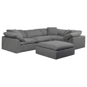 5PC Slipcovered L-Shaped Sectional Sofa with Ottoman | Gray