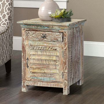 Winter White Shutter Door Reclaimed Wood Nightstand End Table Cabinet