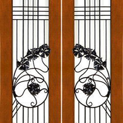 Pair of 2-1/4 Art Nouveau Mahogany Doors Wrought Iron Low-E Glass - Front Doors