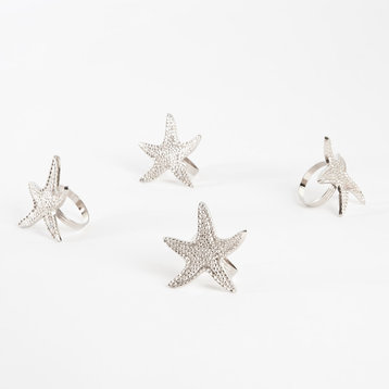 Elegant Nautical Design Silver Napkin Rings, Set of 4, Starfish
