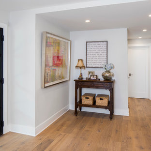Inspiration för en eklektisk hall, med vita väggar, ljust trägolv och en svart dörr