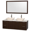 Amare 60" Espresso Double Sink Vanity With White Man-Made Stone Top, 58" Mirror