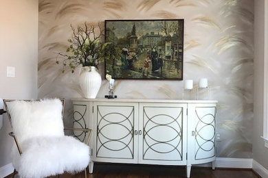 Example of a mid-sized transitional formal and open concept medium tone wood floor living room design in DC Metro with beige walls