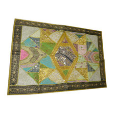 Mogulinterior - Patchwork Sari Throw Embroidered Olive Green Wall Tapestry - Tapestries