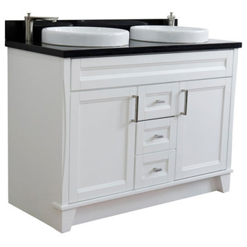 48" Double Sink Vanity, White Finish With Black Galaxy Granite And Round Sink