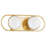 Mitzi - 2 Light Bath Sconce, Aged Brass - Opal glass spheres are held gem-like within a Polished Nickel or Aged Brass setting, bringing a modern jewelry aesthetic to the bath or powder room. The two-, three-, and four-light options are displayed within an elegant metal racetrack frame and can be mounted vertically or horizontally making them perfect solo above a mirror or in pairs alongside it.
