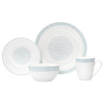 Godinger - Staccata 16 Piece Dinnerware Set - This set is a clean and classic take on a modern farmhouse table setting. Crafted of durable stoneware, each piece is finished with a banded circle of azure blue dots a versatile design that lends its charm to both casual meals and special occasions. 10.50D X 1.00H Dinner Plate, 7.50D X 0.50H Salad Plate, 6.00D X 5.00H 14oz Cereal Bowl, 3.25D X 4.00H 10 oz Mug