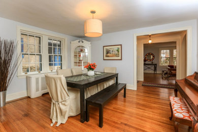Photo of a mid-sized traditional separate dining room in Philadelphia with grey walls, medium hardwood floors, no fireplace and brown floor.