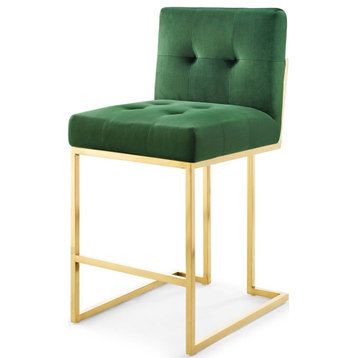 Counter Stool Chair, Velvet, Metal, Gold Green, Bar Pub Cafe Bistro Restaurant